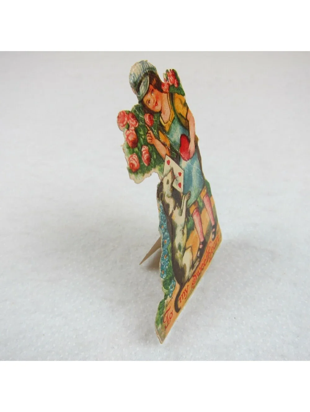Vintage Valentine Die Cut Stand Up Boy & Dog Heart Rose Bush 1920s-30s Germany